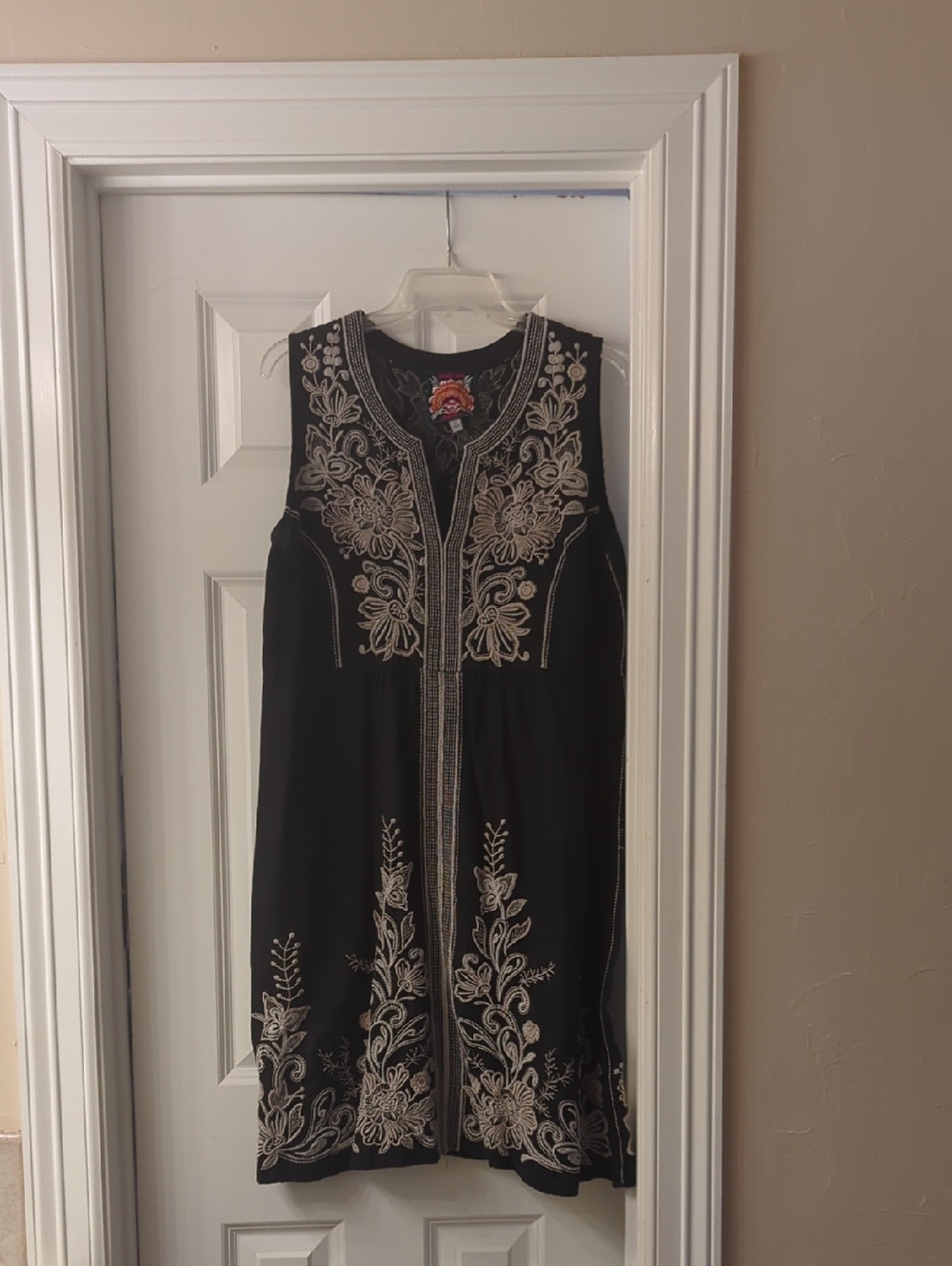 Johnny Was Black Dress with Cream Floral Embroidery, 100% Linen